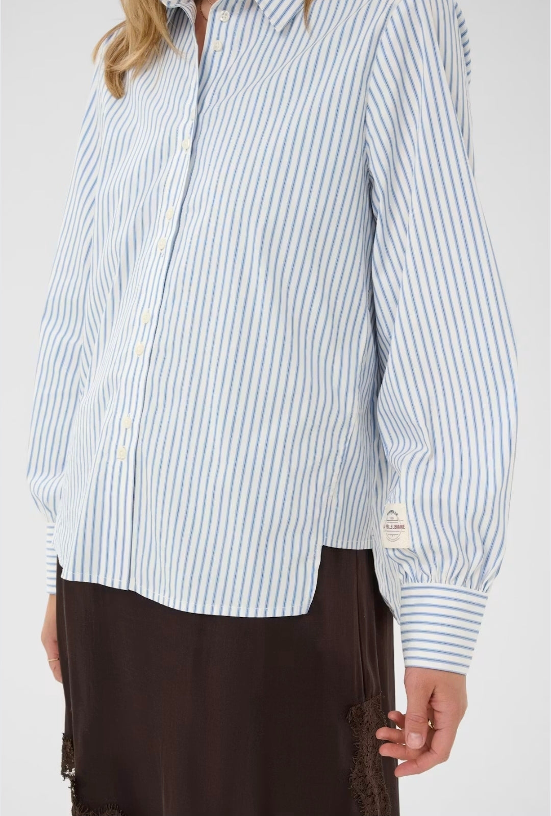 Cream 10615431 Blue Stripe 3/4 Sleeve Shirt With Collar
