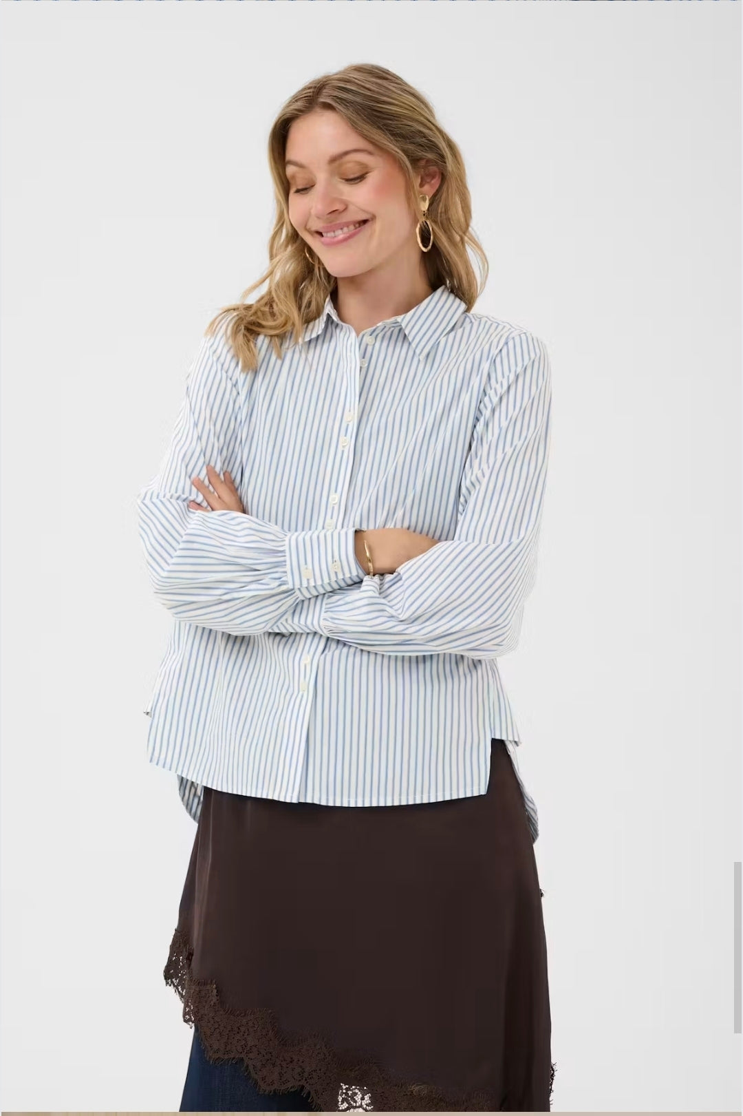 Cream 10615431 Blue Stripe 3/4 Sleeve Shirt With Collar