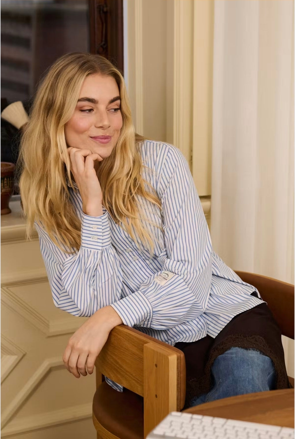 Cream 10615431 Blue Stripe 3/4 Sleeve Shirt With Collar