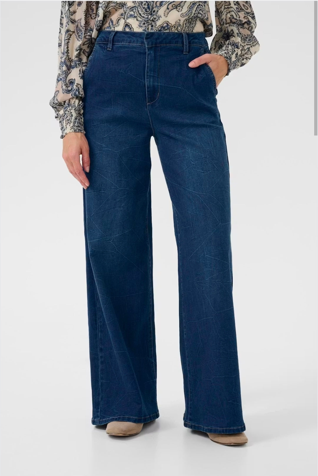 Cream 10612286 Dark Blue Denim Wide Leg Trousers