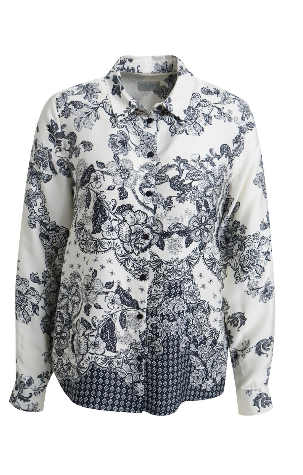 Milano Italy 6365573655 Navy Print Long Sleeves Shirt Blouse