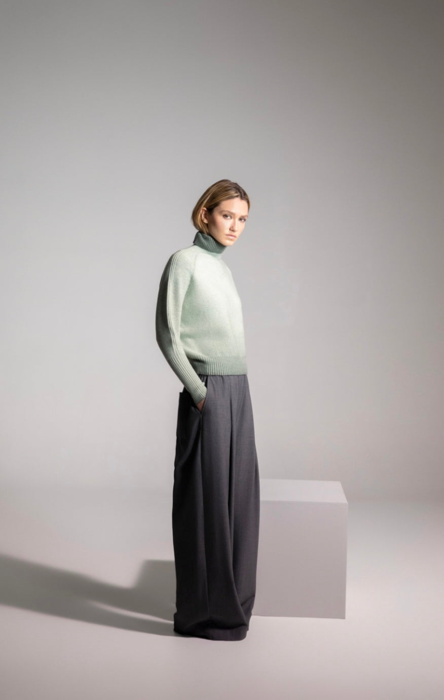 Maria Bellentani Molveno Sage Green High Collar Long Sleeved Jumper