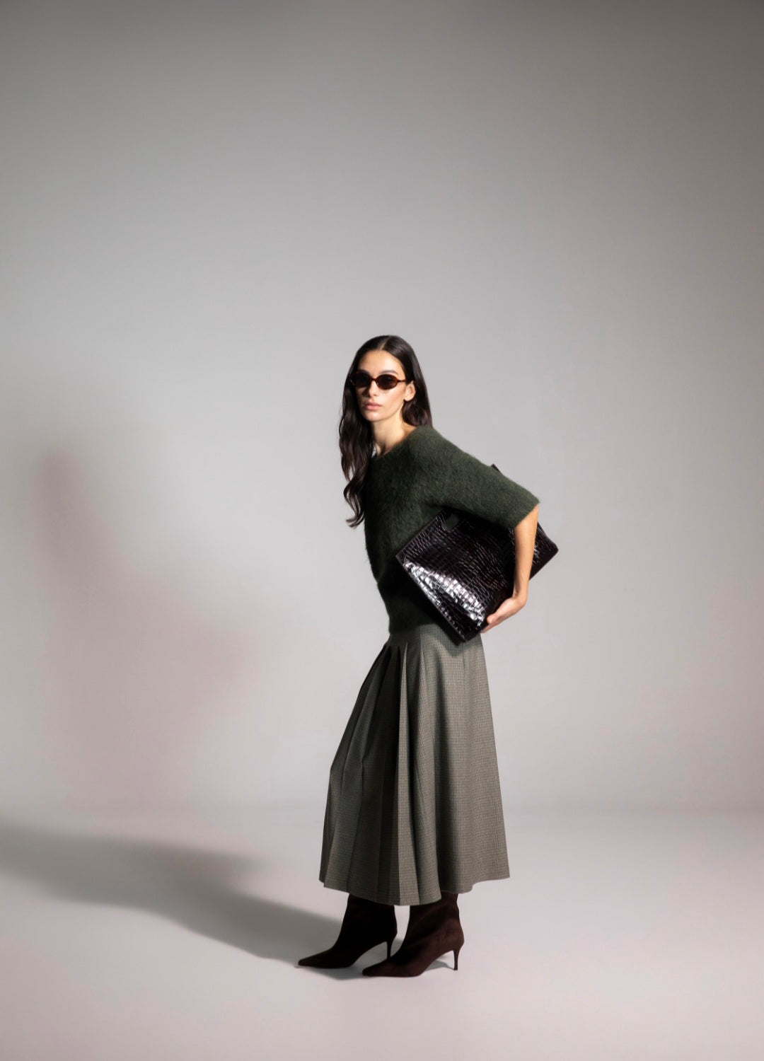 Maria Bellentani Vilnius Sage Green Tweed 'A' Line Pleated Midi Skirt