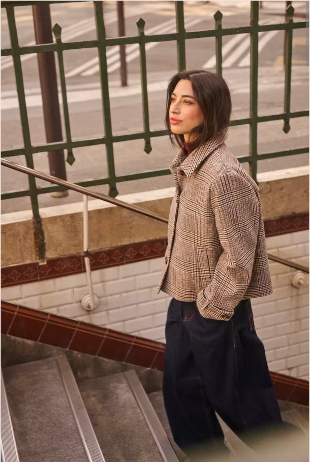 Cream 10615101 George Cropped Check Patterned Mushroom Color Wool Mixed Coat