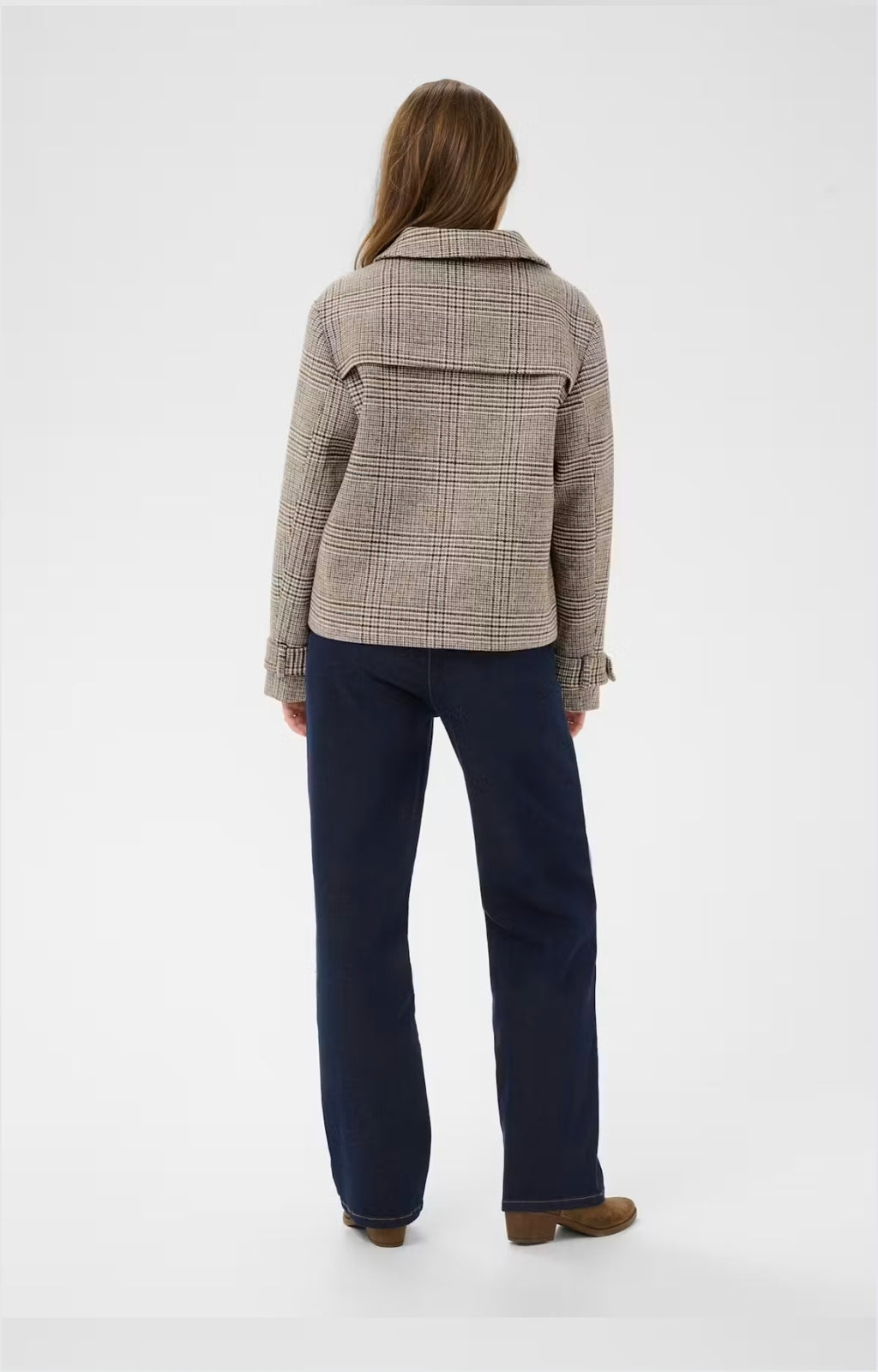 Cream 10615101 George Cropped Check Patterned Mushroom Color Wool Mixed Coat