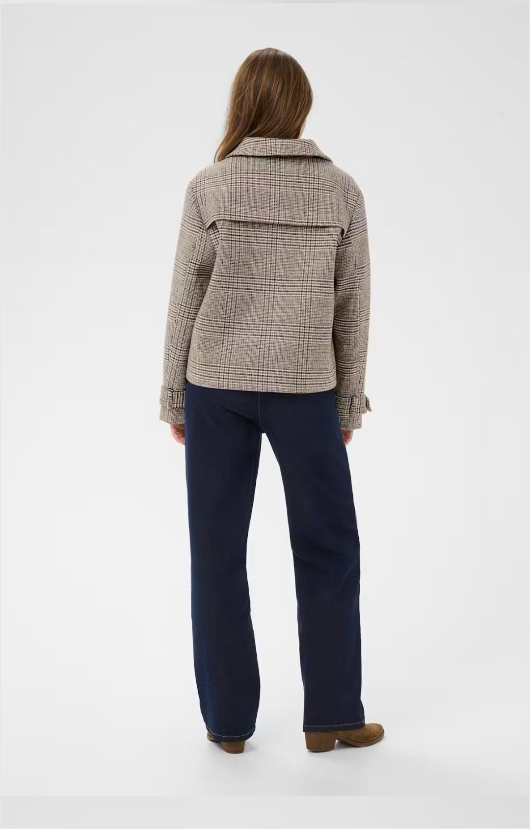 Cream 10615101 George Cropped Check Patterned Mushroom Color Wool Mixed Coat