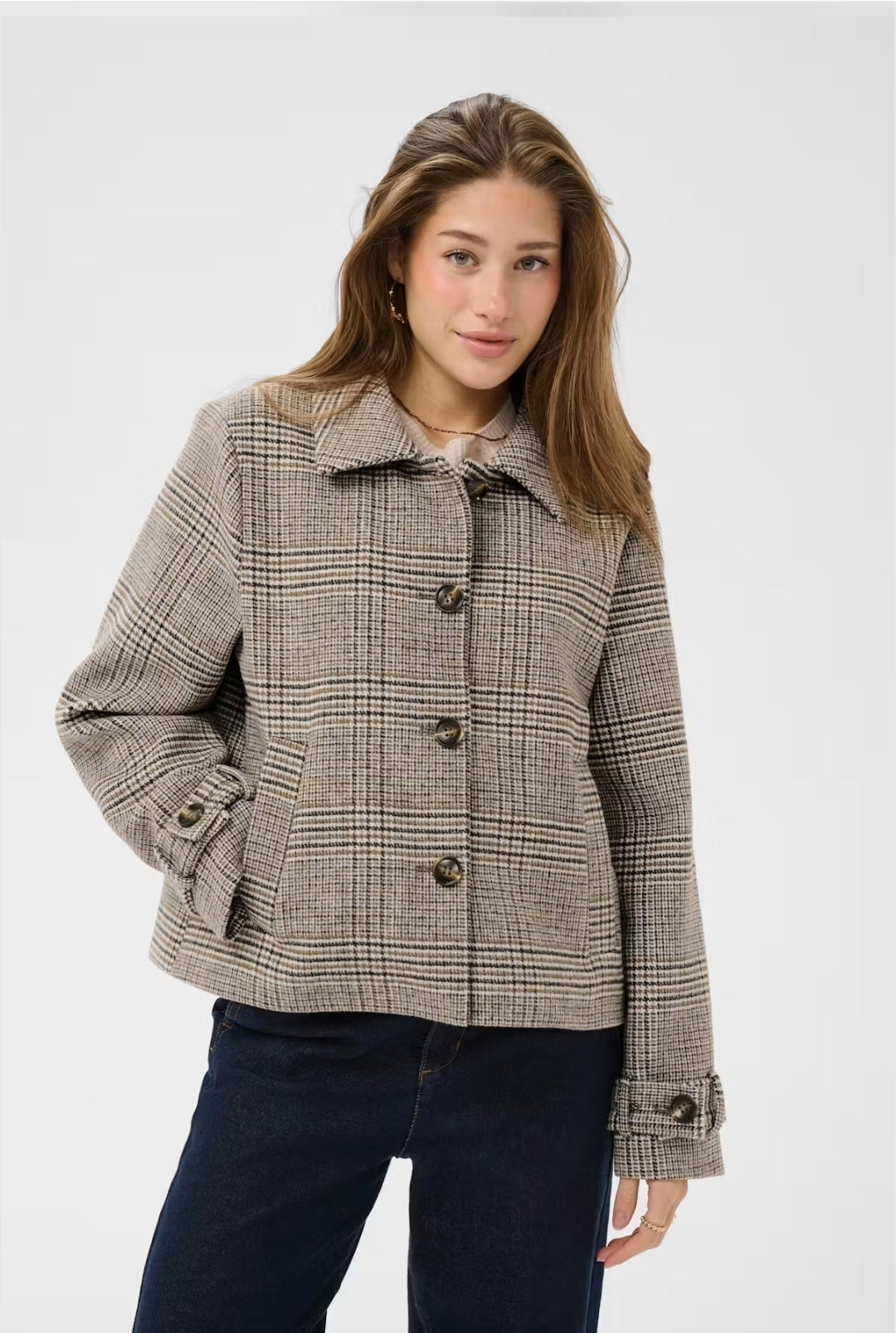 Cream 10615101 George Cropped Check Patterned Mushroom Color Wool Mixed Coat