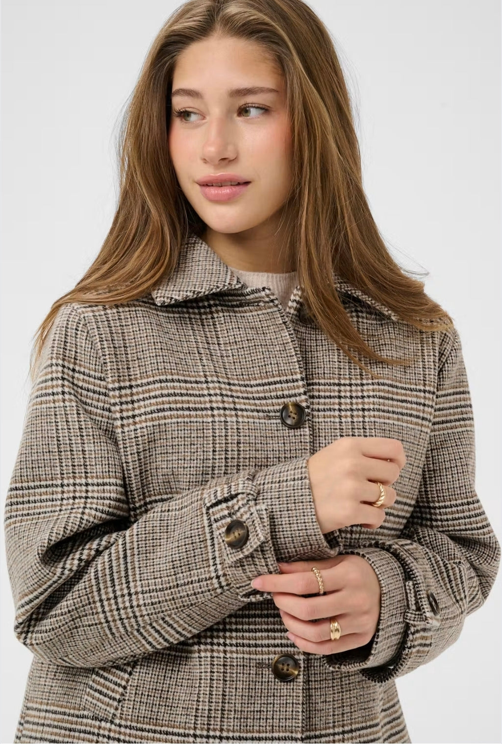 Cream 10615101 George Cropped Check Patterned Mushroom Color Wool Mixed Coat