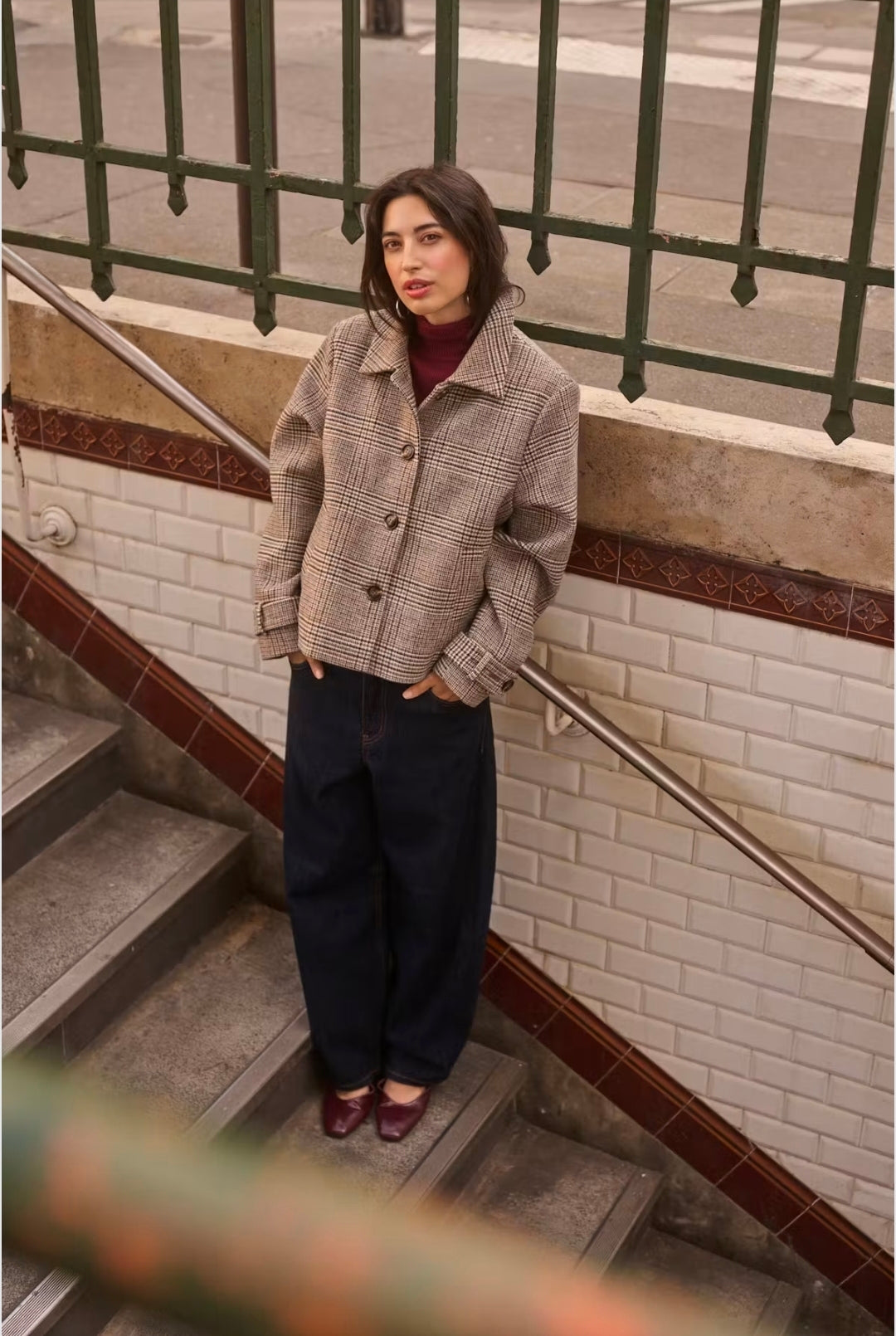 Cream 10615101 George Cropped Check Patterned Mushroom Color Wool Mixed Coat