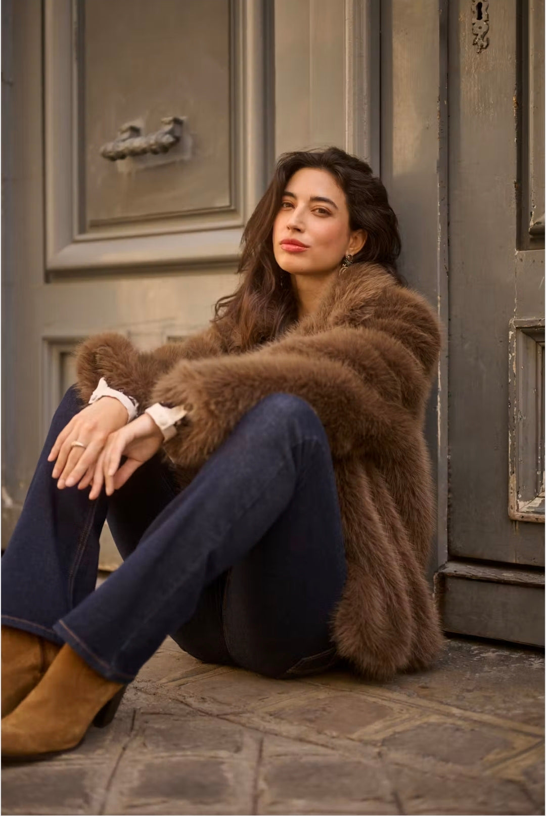 Cream 10615117 Brown Shaved Faux Fur Jacket With Classic Collar