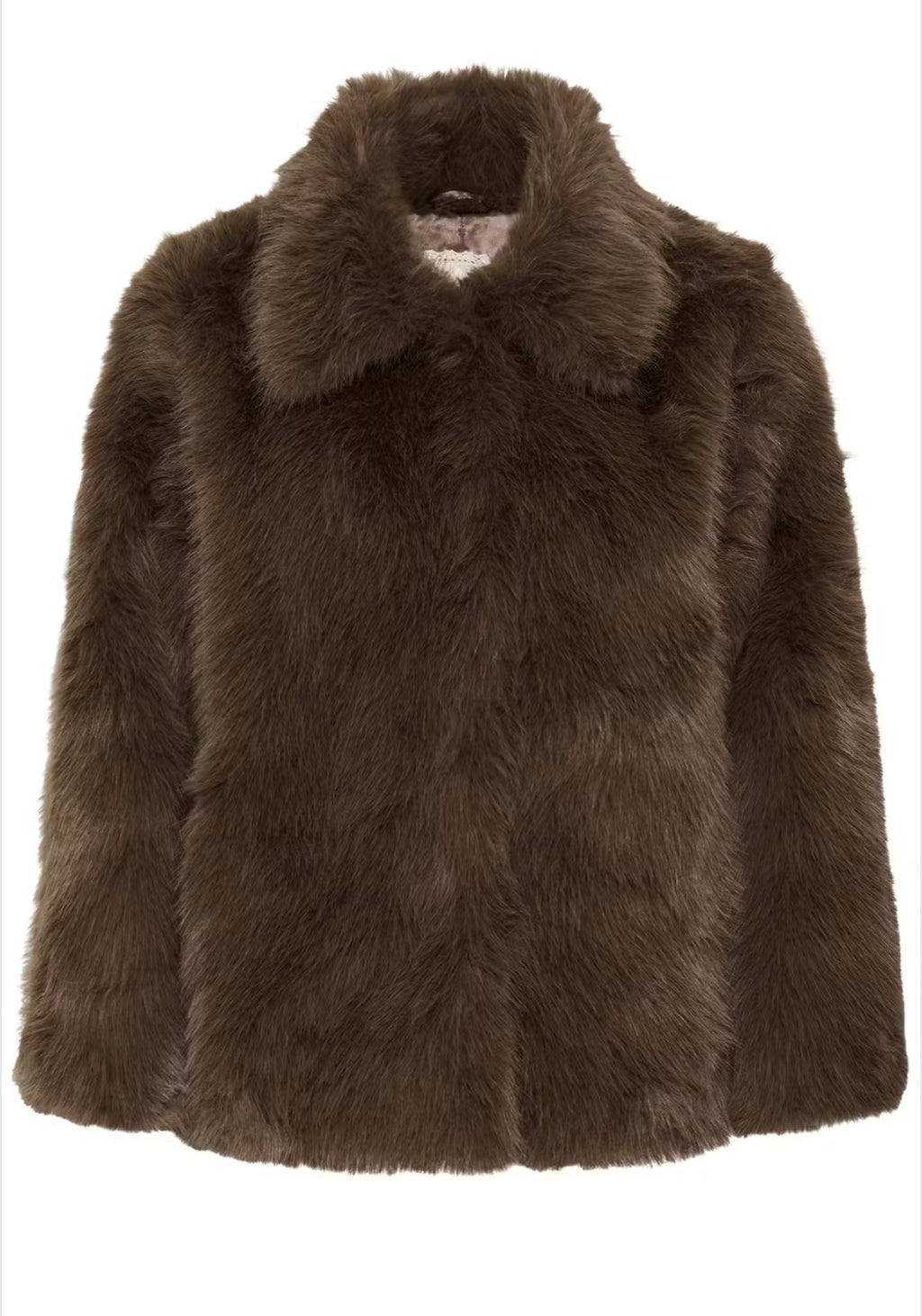 Cream 10615117 Brown Shaved Faux Fur Jacket With Classic Collar