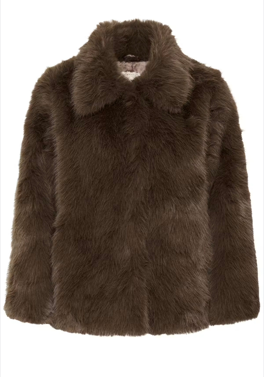 Cream 10615117 Brown Shaved Faux Fur Jacket With Classic Collar