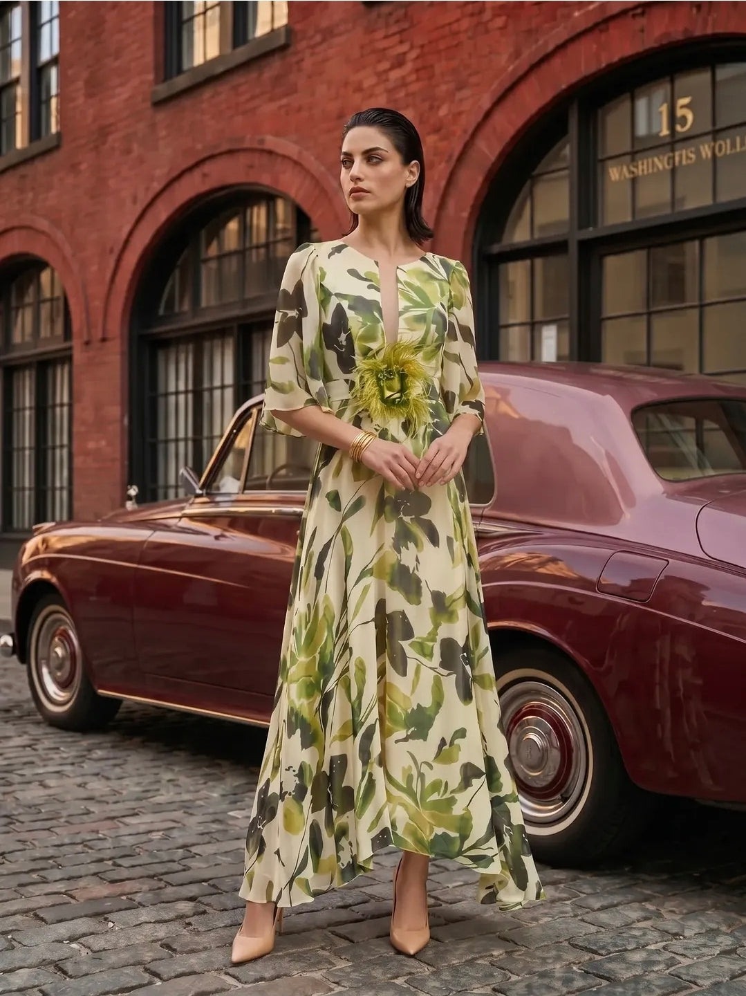 Sonia Pena 1260018 Green Printed Chiffon Maxi Dress