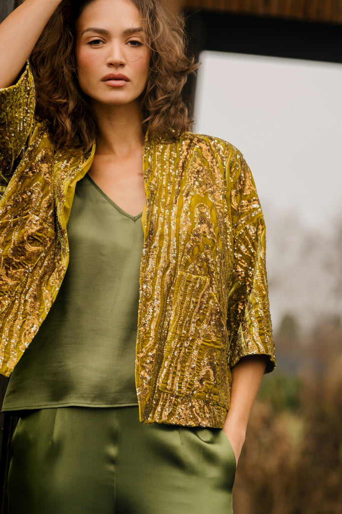 Traffic People 12896040 Gold Crushed Velet Edge To Edge Jacket