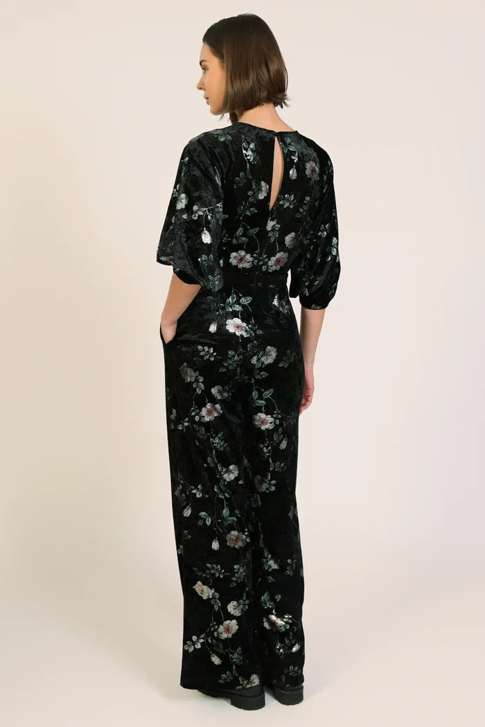 Traffic People 12272001 Black Floral Velvet Jumpsuit