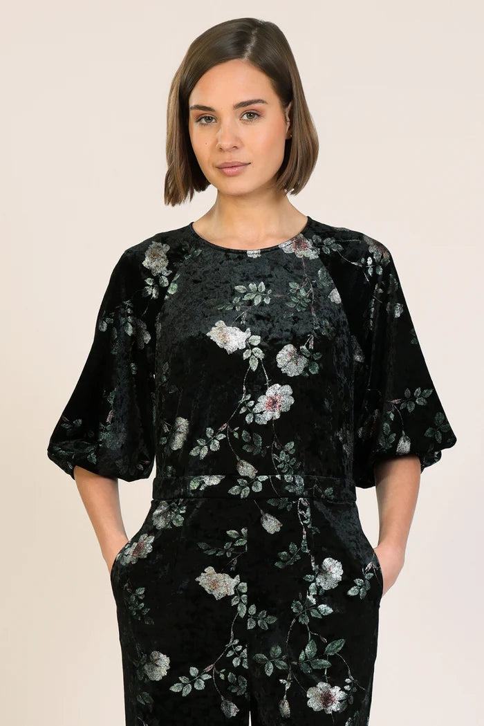 Traffic People 12272001 Black Floral Velvet Jumpsuit