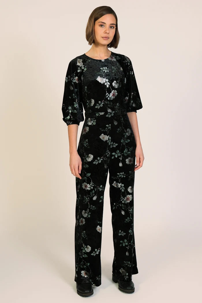 Traffic People 12272001 Black Floral Velvet Jumpsuit