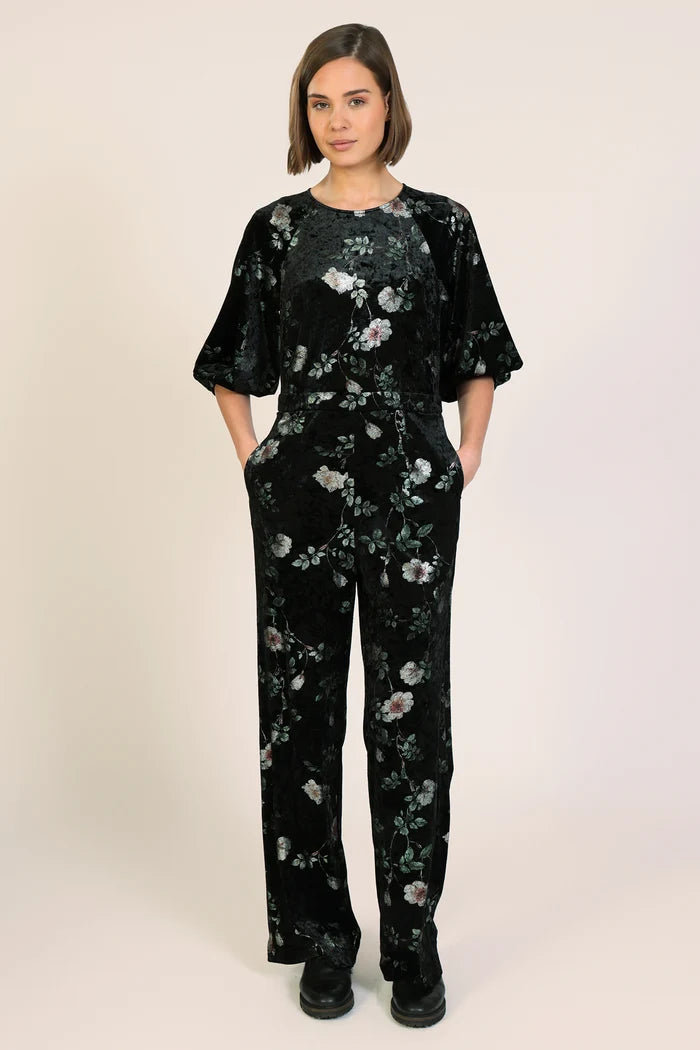 Traffic People 12272001 Black Floral Velvet Jumpsuit