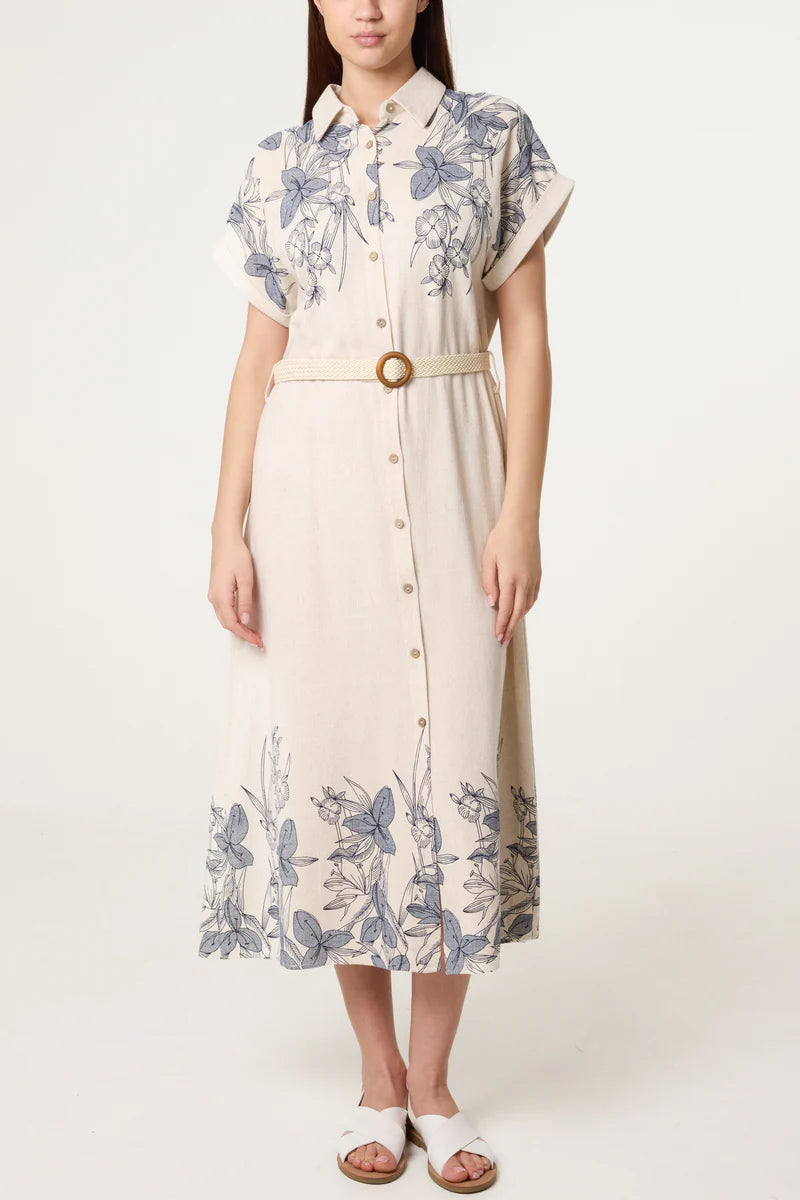 Nova Floral Border Printed Linen Dress