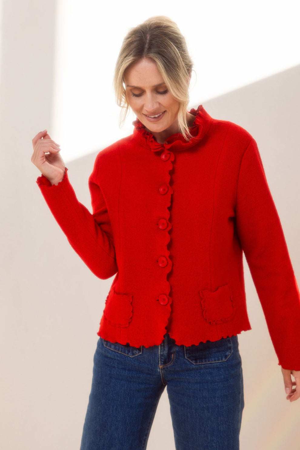 See Saw 615 Ruffle Cook Boiled Wool Red Jacket