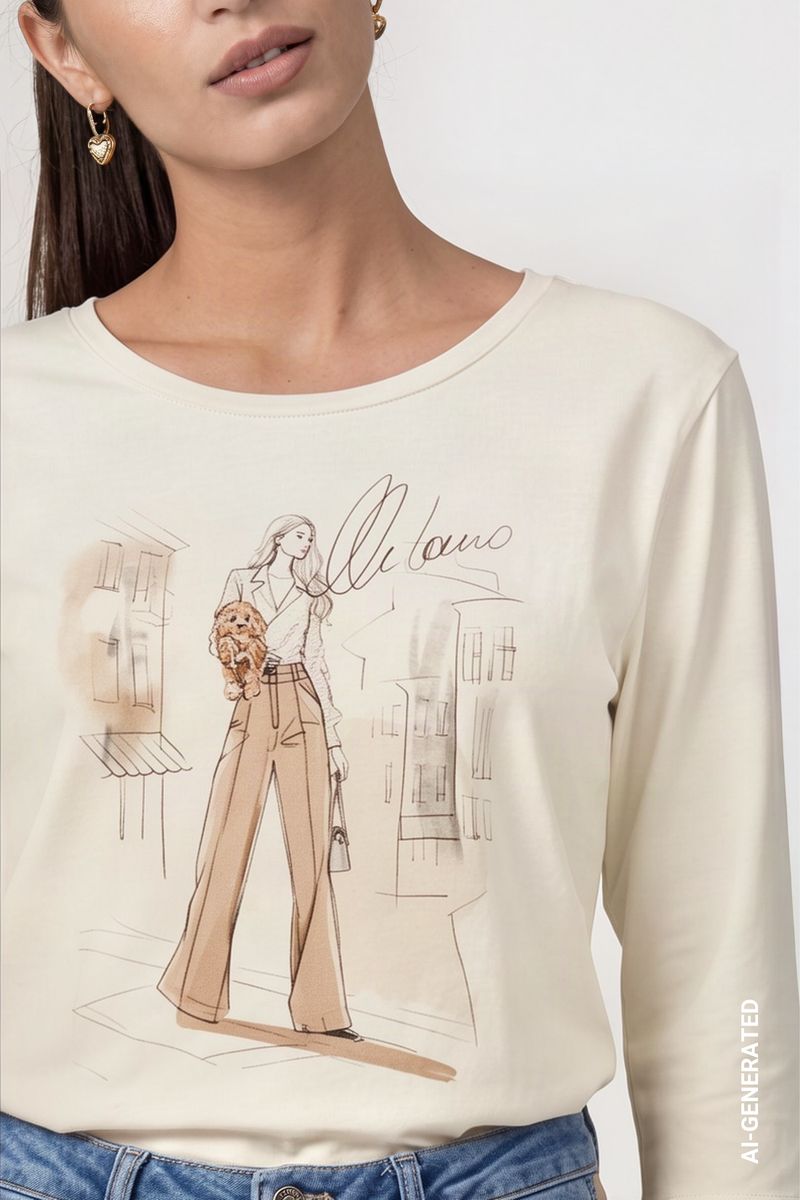 Monari 810047 Cream Color Round Neck T-Shirt With 3/4 Long Sleeves With The Graphic Print At The Front
