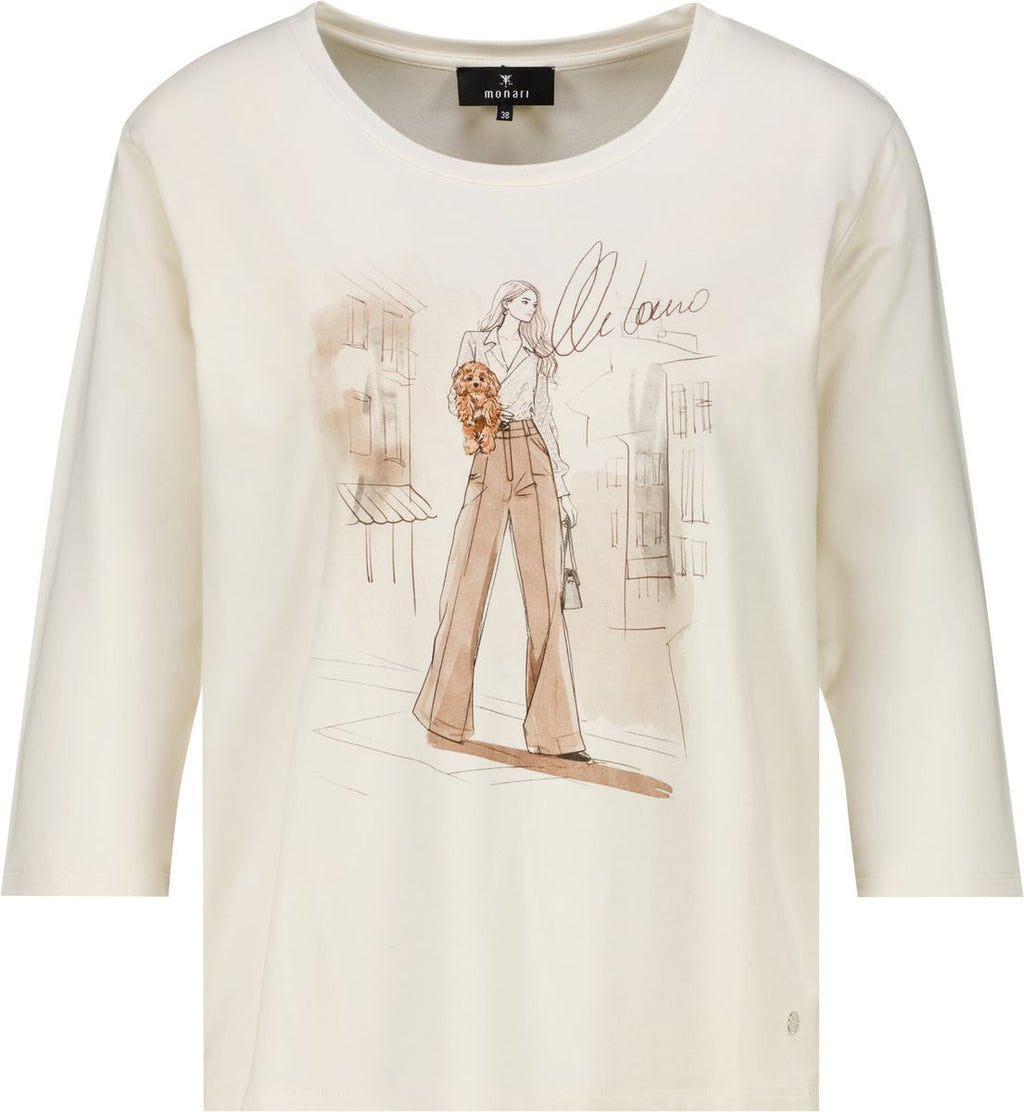 Monari 810047 Cream Color Round Neck T-Shirt With 3/4 Long Sleeves With The Graphic Print At The Front