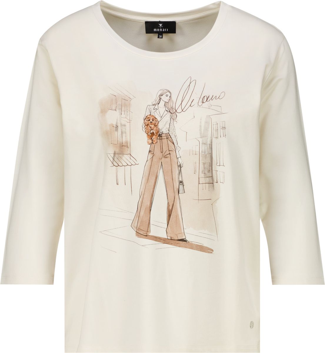 Monari 810047 Cream Color Round Neck T-Shirt With 3/4 Long Sleeves With The Graphic Print At The Front