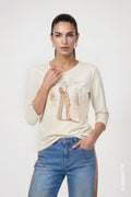 Monari 810047 Cream Color Round Neck T-Shirt With 3/4 Long Sleeves With The Graphic Print At The Front