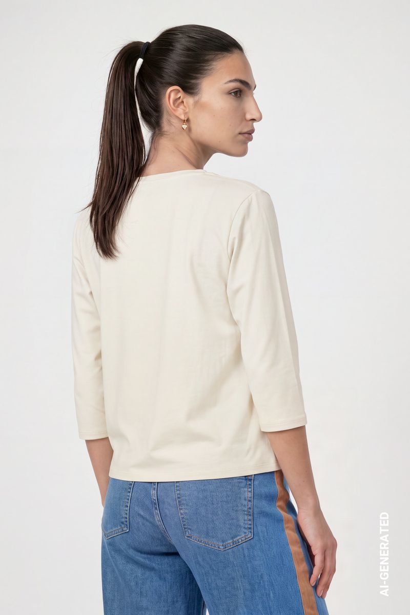 Monari 810047 Cream Color Round Neck T-Shirt With 3/4 Long Sleeves With The Graphic Print At The Front