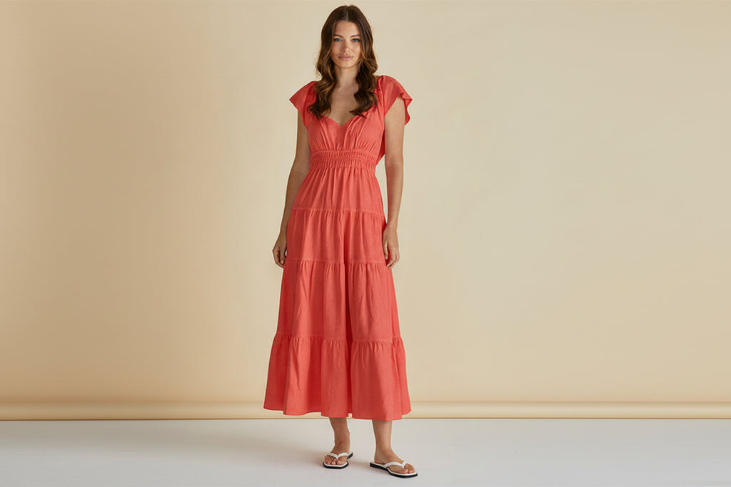 Betty Basic BB8514 Red Sleeveless Summer Maxi Dress With Tiered Skirt