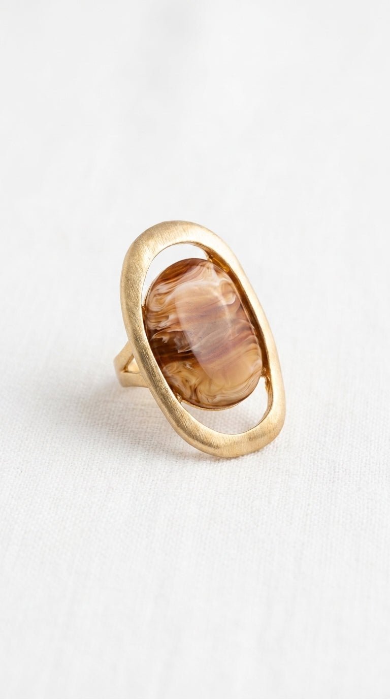Envy 535 Cream Large Stone With Hammered Gold Surround Ring