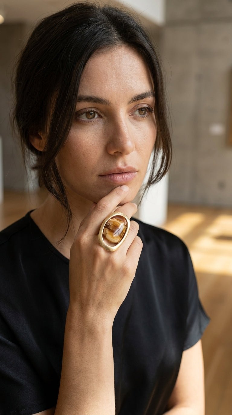 Envy 535 Cream Large Stone With Hammered Gold Surround Ring