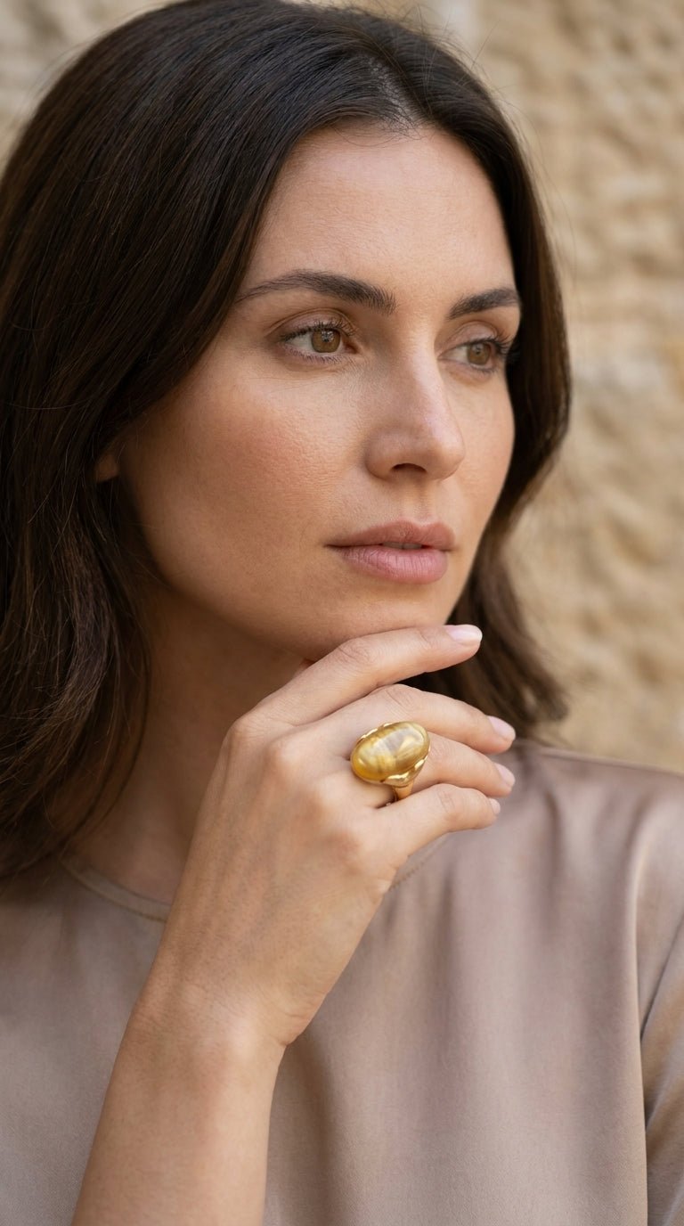 Envy 534 Gold With Large Beige Stone Resin Ring