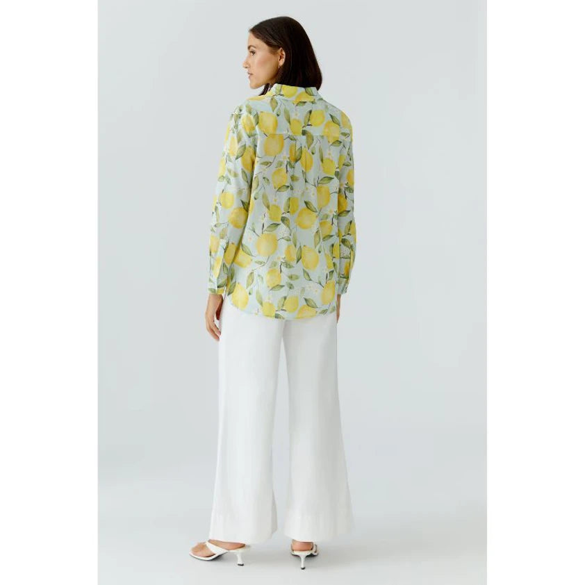 Oui 97535 Green And Yellow Lemon Long Sleeves Collar Shirt/Blouse