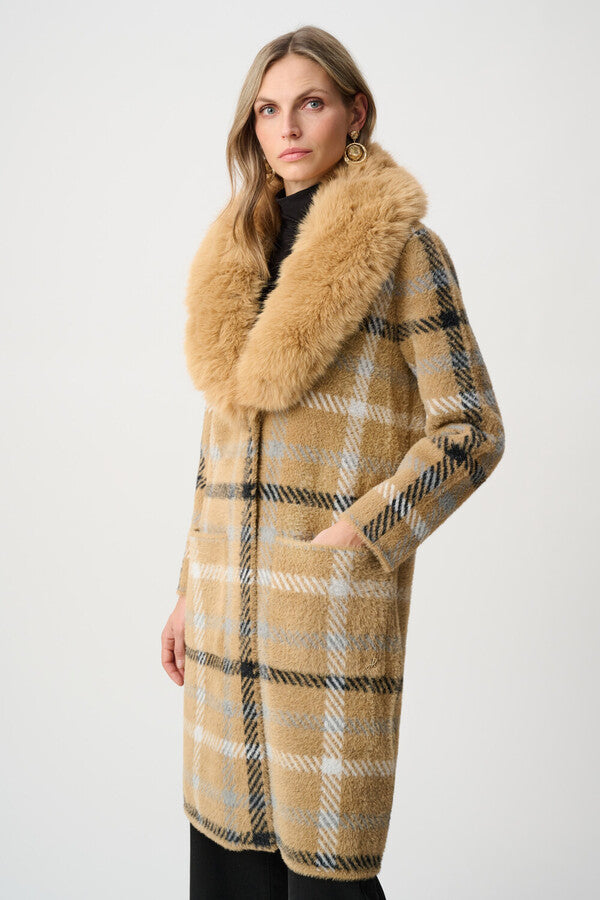 Joseph Ribkoff 263954 Fluffy Camel Plaid Faux Fur Trimmed Coat