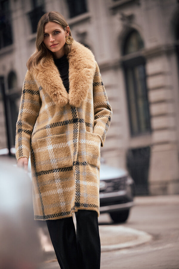 Joseph Ribkoff 263954 Fluffy Camel Plaid Faux Fur Trimmed Coat