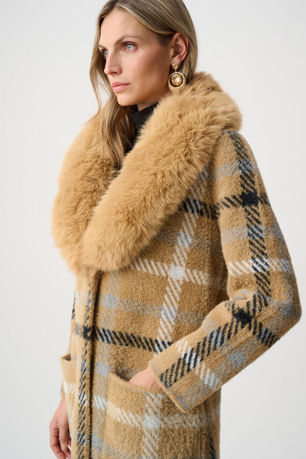 Joseph Ribkoff 263954 Fluffy Camel Plaid Faux Fur Trimmed Coat