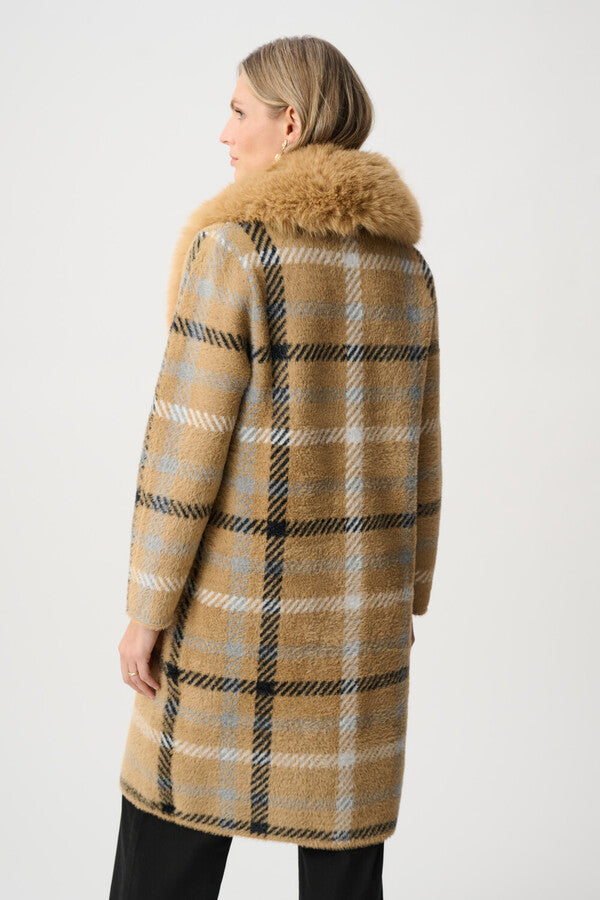 Joseph Ribkoff 263954 Fluffy Camel Plaid Faux Fur Trimmed Coat