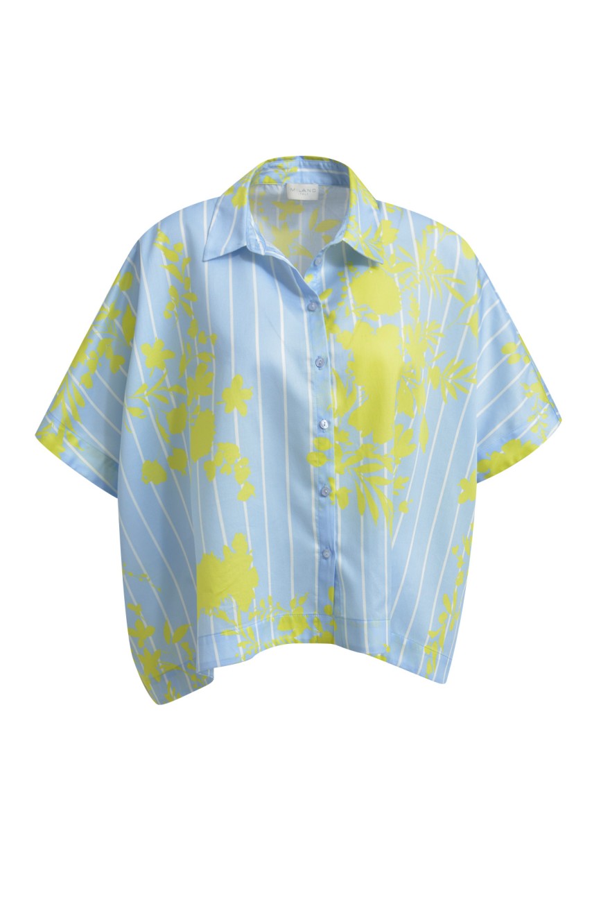Milano Italy 6224386098 Blue And Yellow Wide Shirt Blouse With Short Sleeves