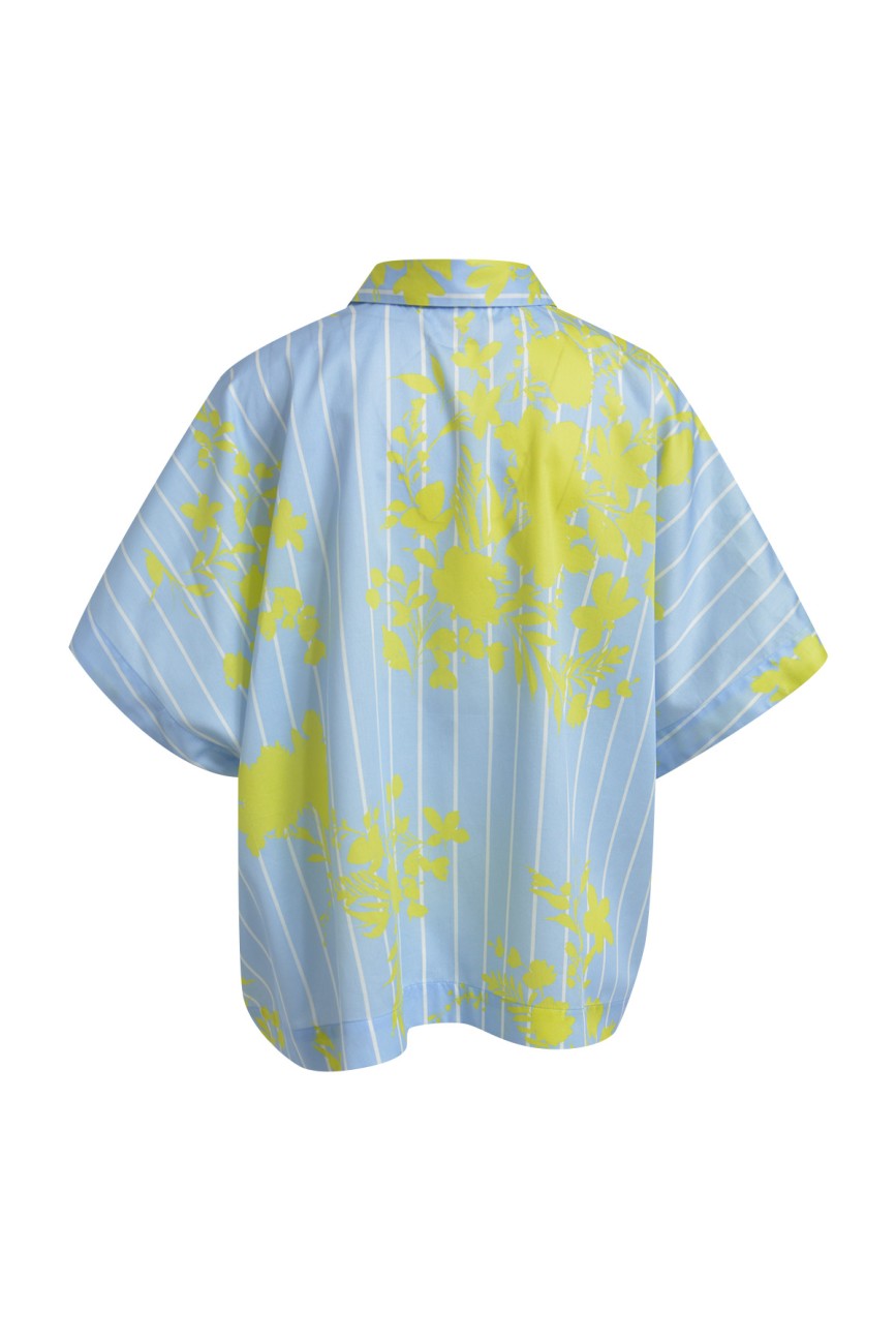 Milano Italy 6224386098 Blue And Yellow Wide Shirt Blouse With Short Sleeves