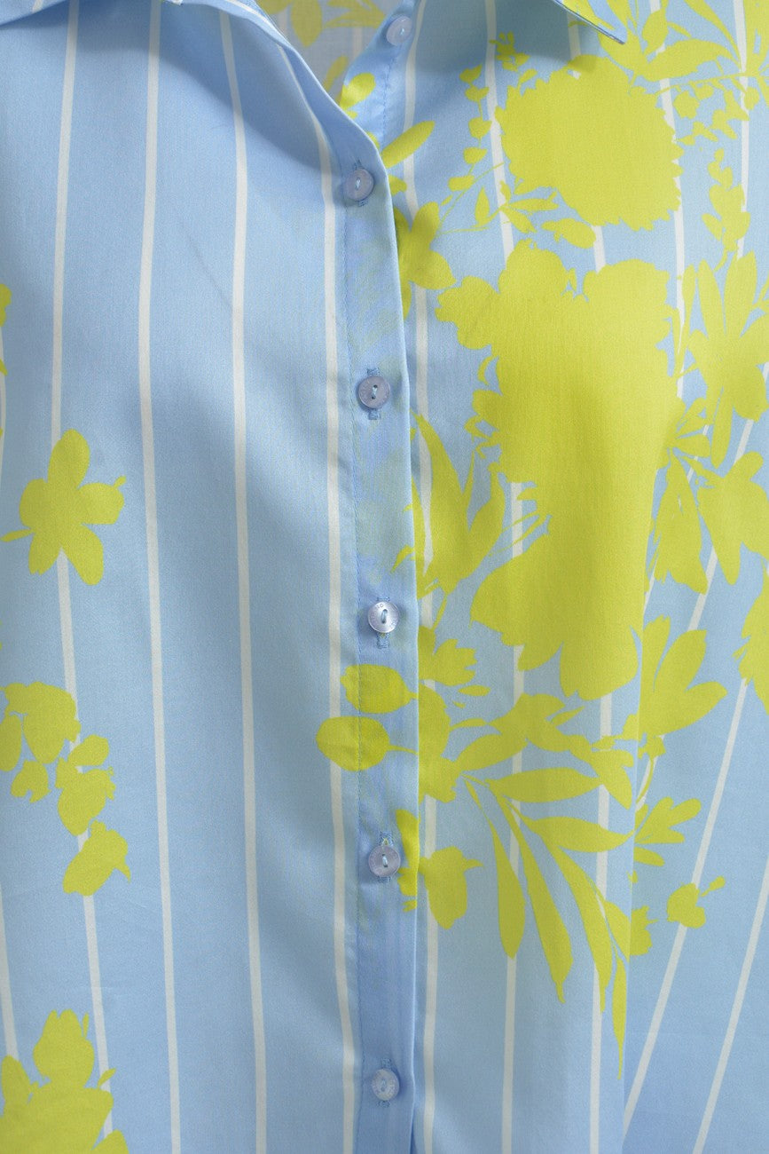 Milano Italy 6224386098 Blue And Yellow Wide Shirt Blouse With Short Sleeves