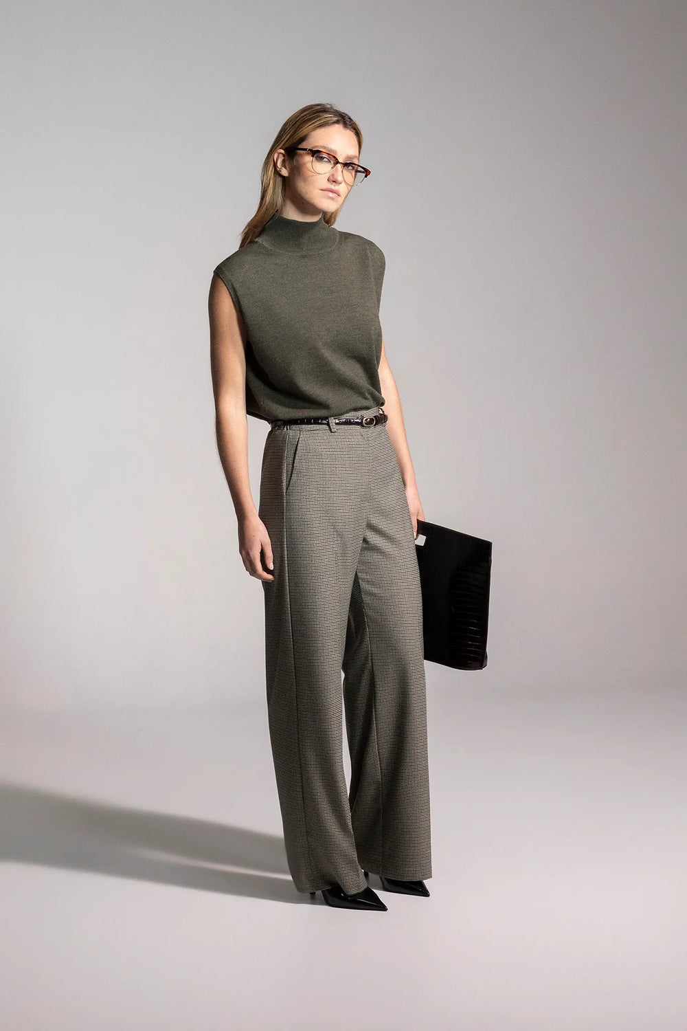 Maria Bellentani Miya Khaki Green Sleeveless Knitted Vest With High Neckline