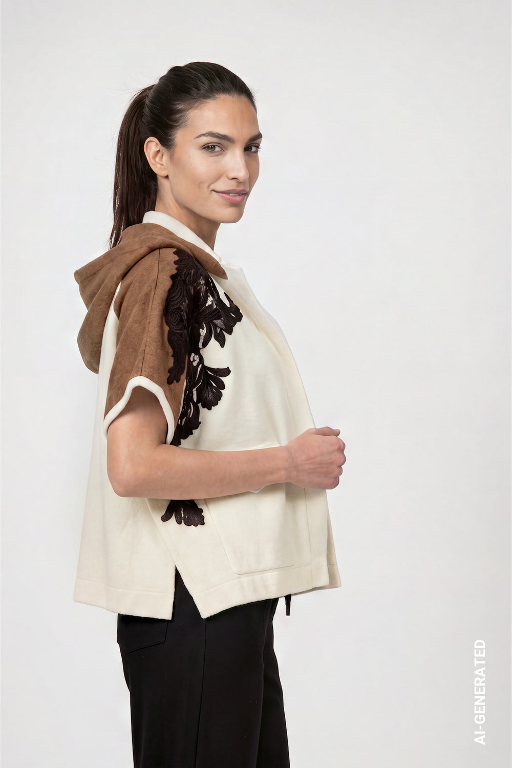 Monari 809929 Antique White Jacket Knitted Cape With Lace Trim And Hood