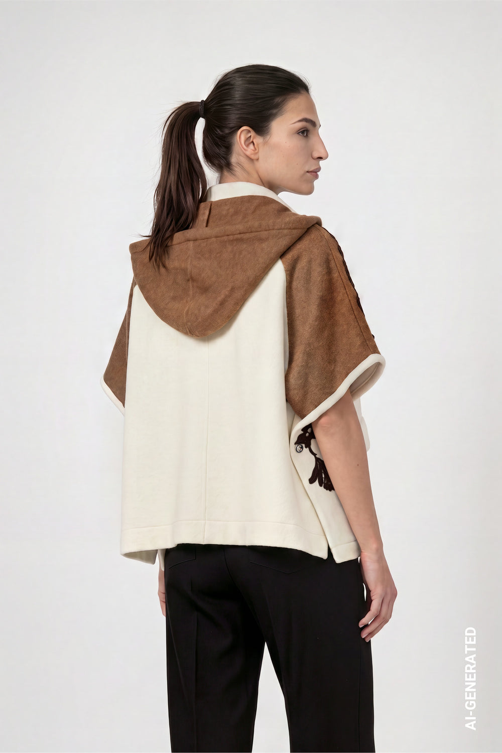 Monari 809929 Antique White Jacket Knitted Cape With Lace Trim And Hood
