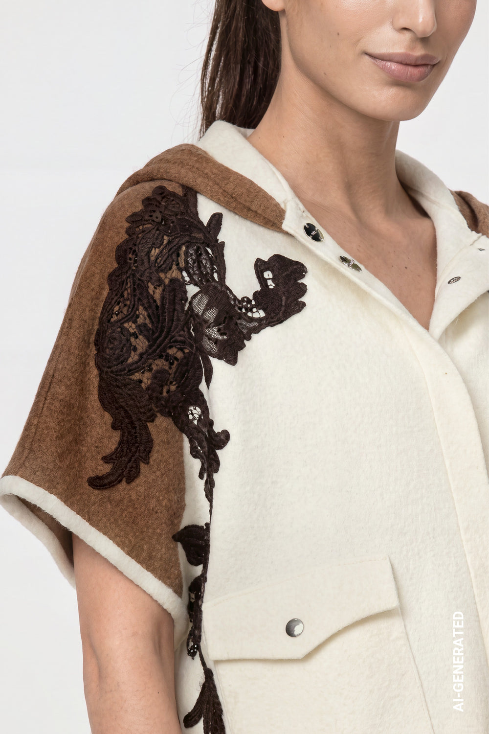 Monari 809929 Antique White Jacket Knitted Cape With Lace Trim And Hood