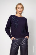 Monari 810154 Navy Blue Sequin Motive Round Neck Jumper