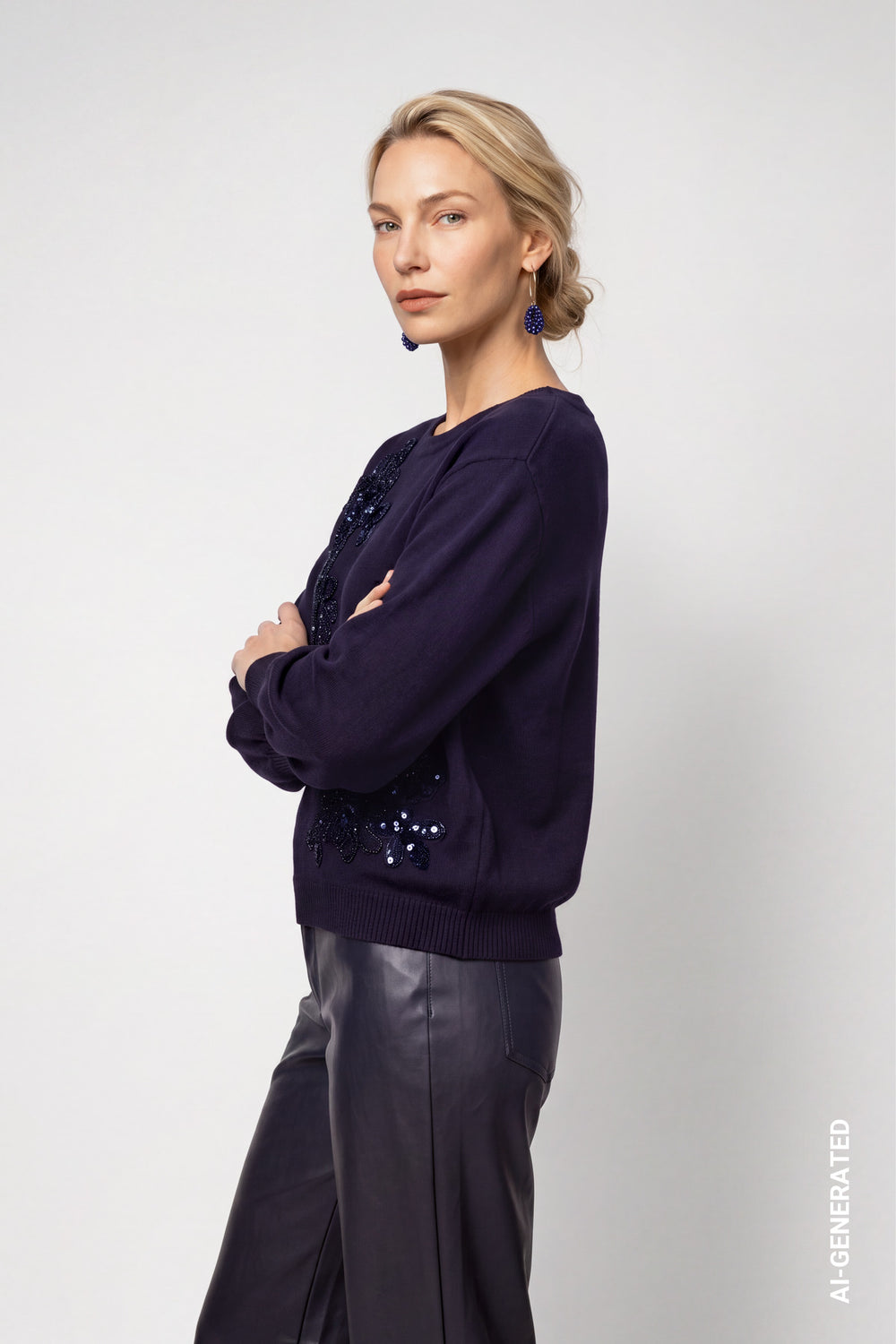 Monari 810154 Navy Blue Sequin Motive Round Neck Jumper