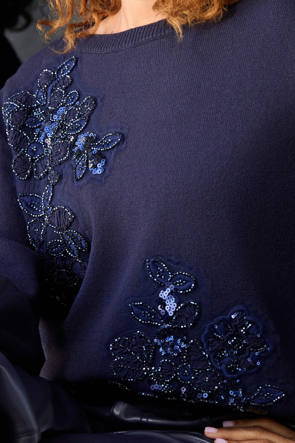 Monari 810154 Navy Blue Sequin Motive Round Neck Jumper