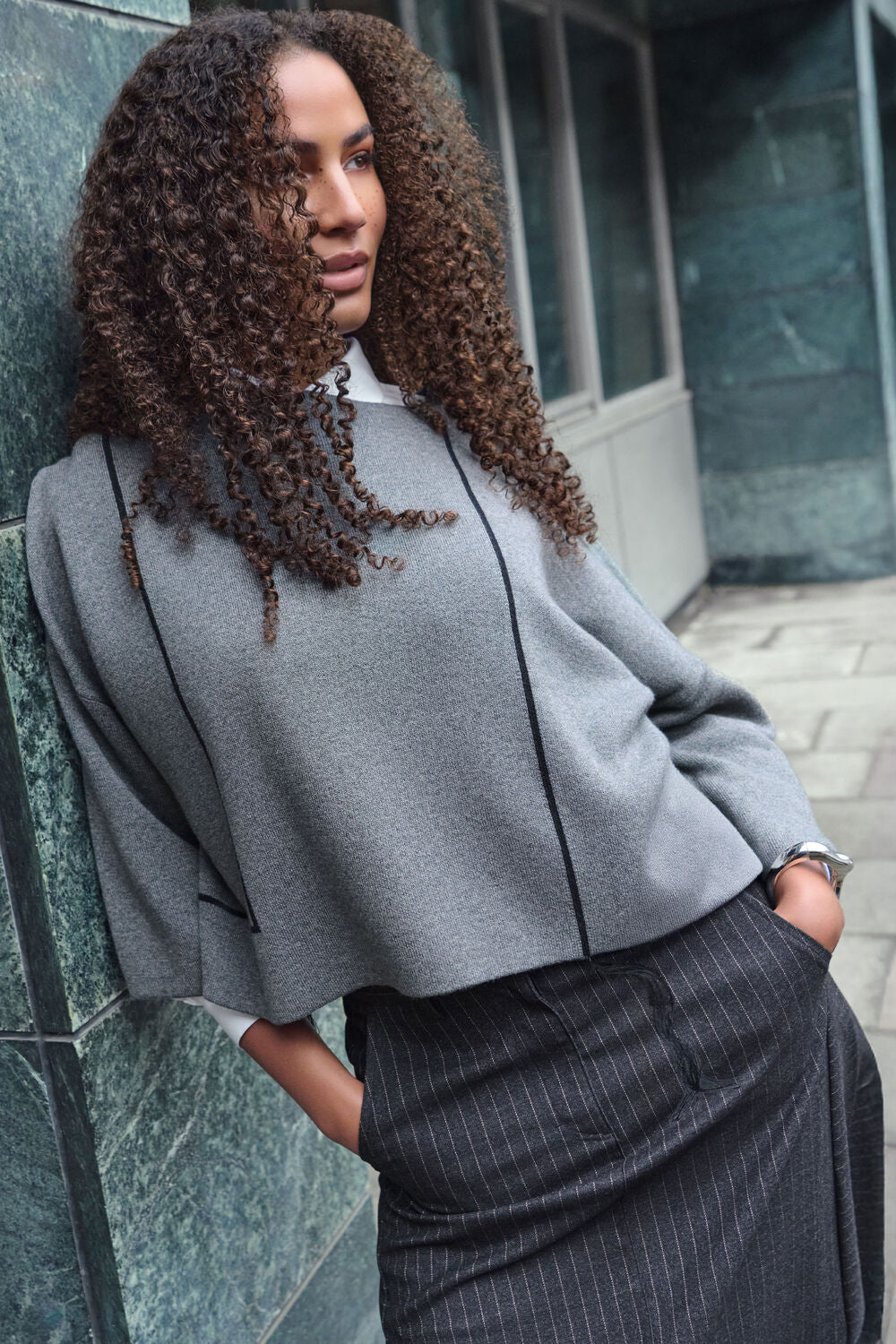 Noen 85794 Pinstripe Grey Contempoary Asymetrical Skirt