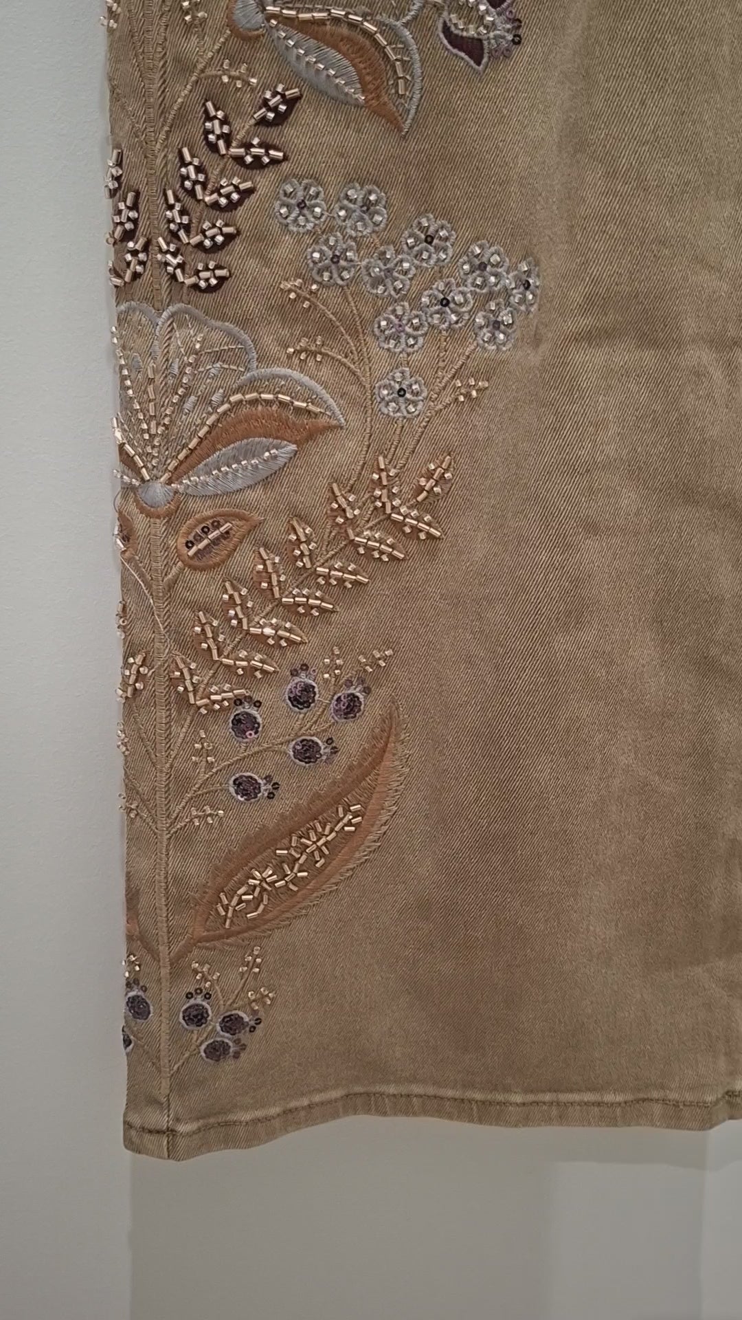 Nekane ES.OLINDRA Camel Embroidered Cotton Denim Trousers With Rhinestones